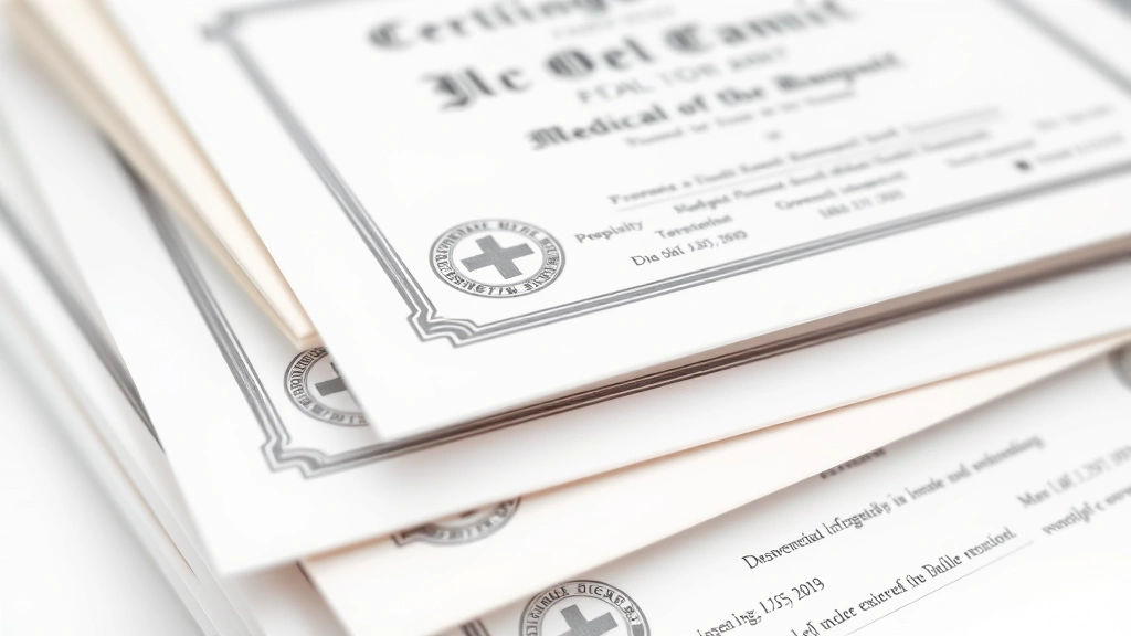 how long does it take to be a doctor -
Photorealistic close-up macro photography of medical licensing exam certificate
