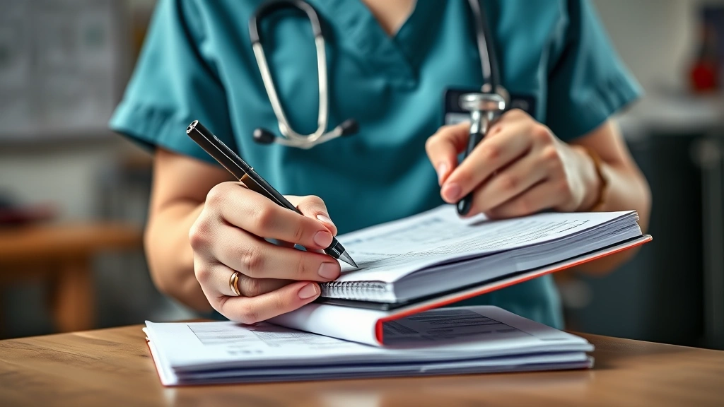 how long does it take to become a nurse practitioner -
Photorealistic hands of nursing student taking notes during clinical rotation w