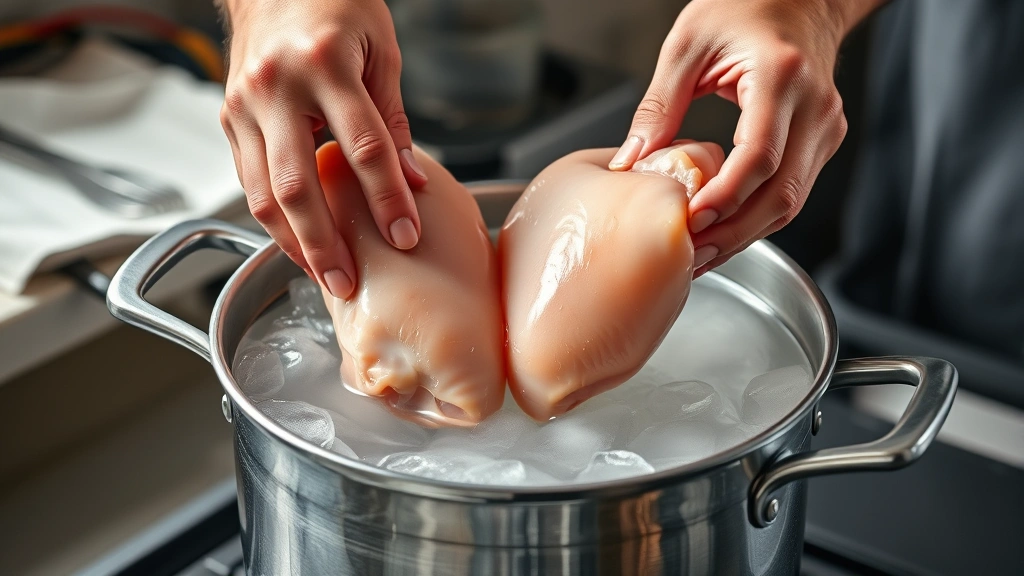 how long does it take to boil chicken breast -
Photorealistic hands placing raw chicken breasts into pot of boiling water with