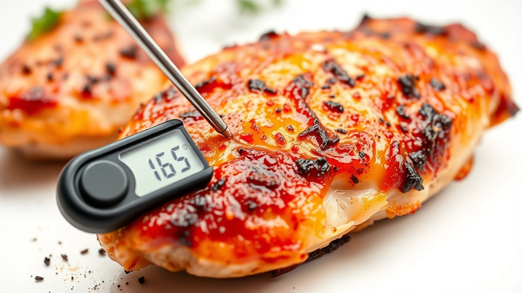 how long does it take to boil chicken breast -
Photorealistic close-up macro photography of meat thermometer inserted into coo