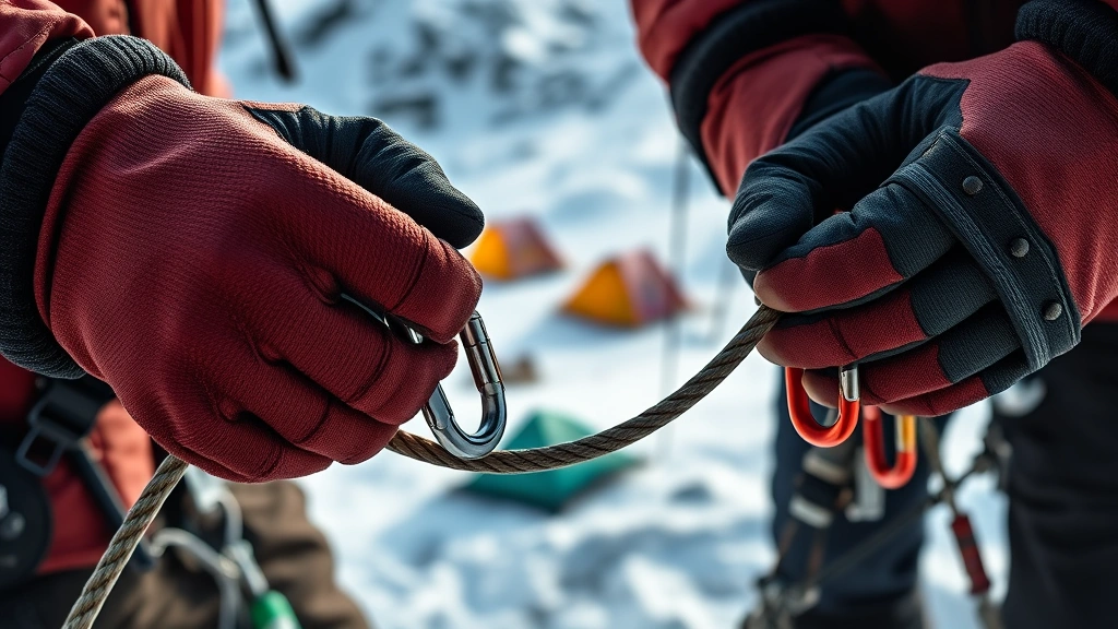 how long does it take to climb mount everest -
Photorealistic hands of mountaineer working with rope and carabiners on snowy s