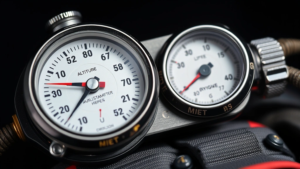 how long does it take to climb mount everest -
Photorealistic close-up macro photography of altitude meter and oxygen gauge on