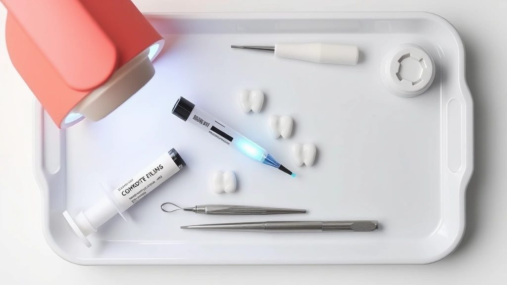 how long does it take to fill a cavity -
Photorealistic overhead view of dental filling materials and instruments laid o