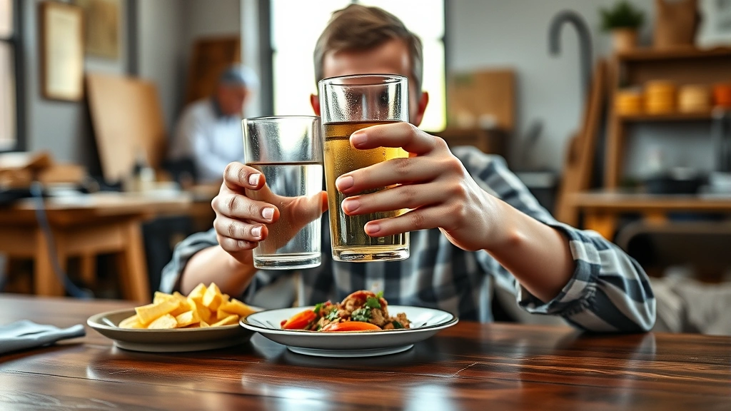 how long does it take to get sober -
photorealistic hands holding water glass and food, person sitting at table, nat