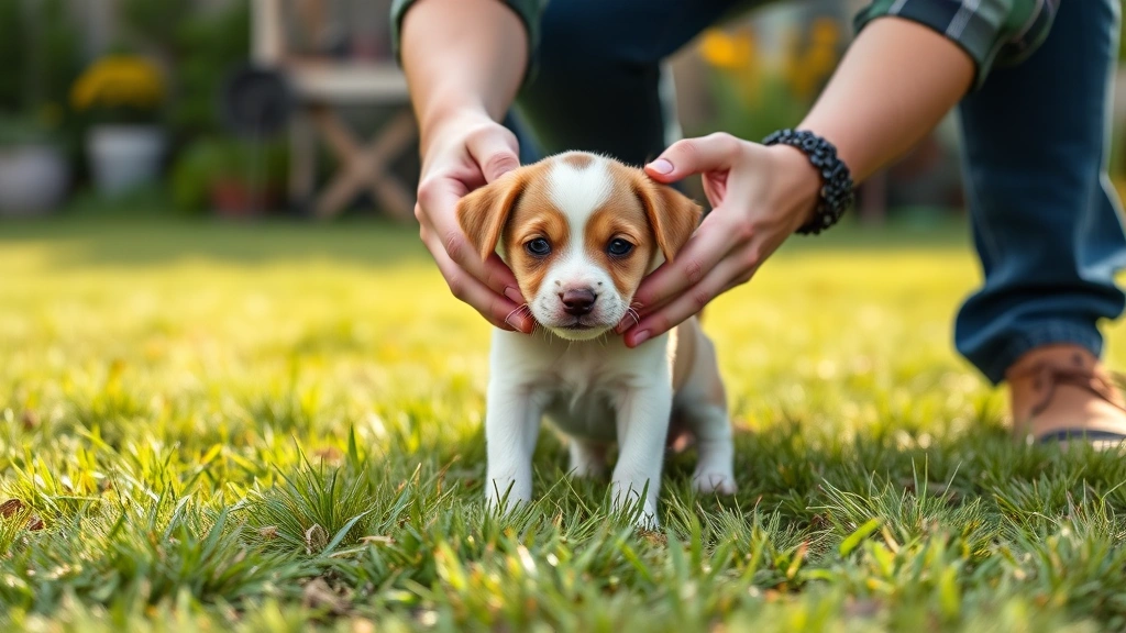 how long does it take to house train a puppy -
photorealistic hands holding small puppy over grass outdoors, owner guiding pup