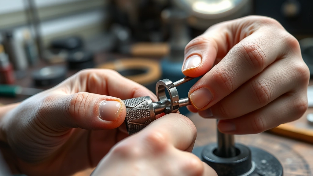 how long does it take to resize a ring -
Photorealistic hands of a jeweler working with ring sizing tools on a jeweler&#
