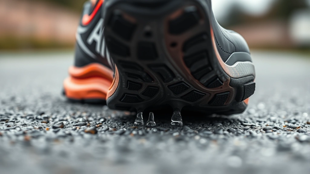 how long does it take to run a marathon -
photorealistic close-up of running shoe sole on pavement with sweat droplets, m