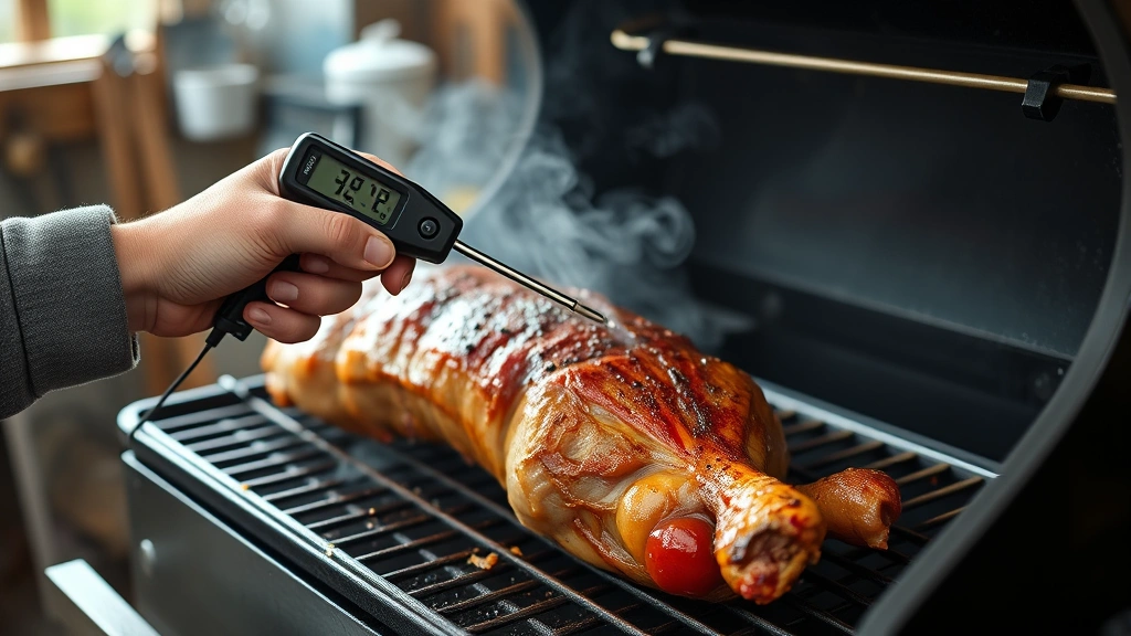 how long does it take to smoke a pork butt -
photorealistic hands using meat thermometer probe on smoking pork butt in offse