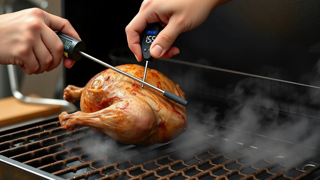 how long does it take to smoke a turkey -
photorealistic hands inserting meat thermometer into turkey thigh on smoker gra