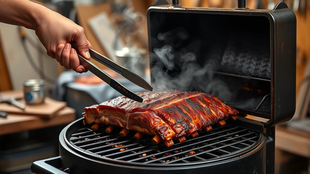 how long does it take to smoke ribs -
photorealistic hands using tongs to pull smoked ribs from a charcoal smoker, wo