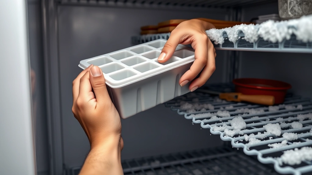 how long does it take water to freeze -
Photorealistic hands placing ice cube trays into a frost-covered freezer shelf,