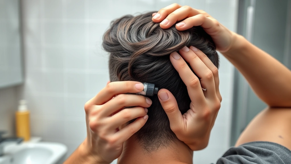 how long does minoxidil take to work -
Photorealistic hands applying minoxidil liquid to scalp with applicator bottle,