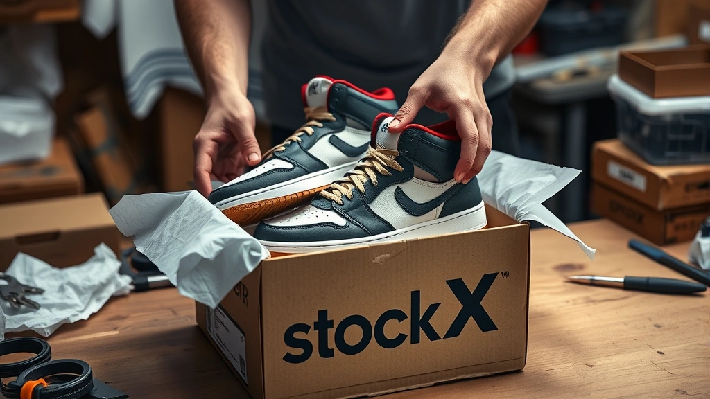 how long does stockx take to ship -
Photorealistic hands carefully packing authenticated sneakers into branded Stoc