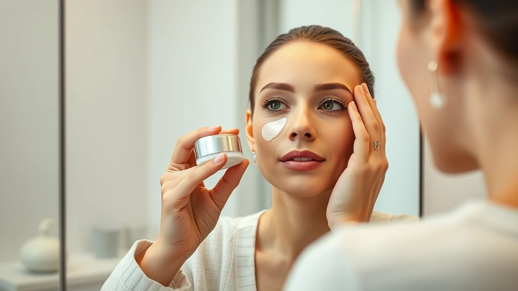 how long does tretinoin take to work -
photorealistic hands applying tretinoin cream to face in bathroom mirror, warm 