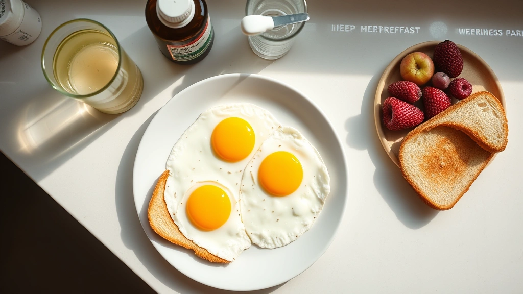 how long does vyvanse take to work -
Photorealistic overhead shot of a breakfast plate with eggs, toast, and fruit n