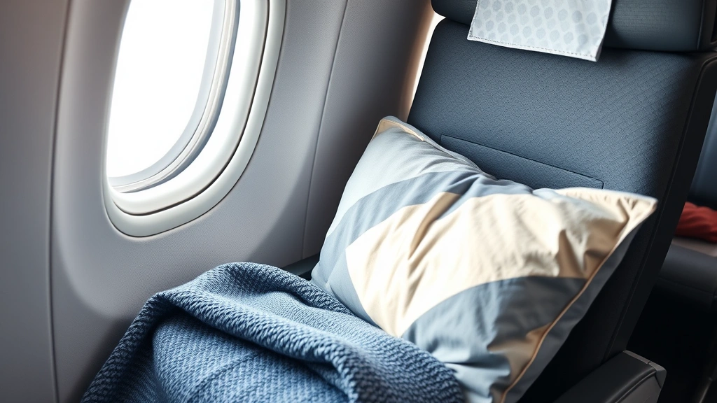 how long fly to hawaii -
photorealistic close-up of airplane window seat with comfortable pillow and bla