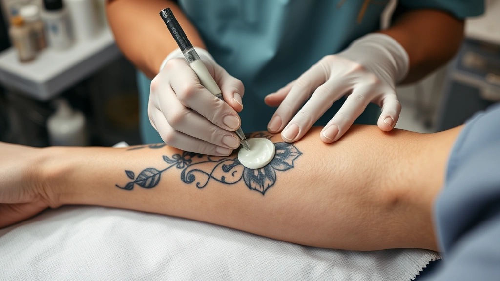 how long for a tattoo to heal -
Photorealistic hands applying fragrance-free moisturizer to fresh tattoo on arm