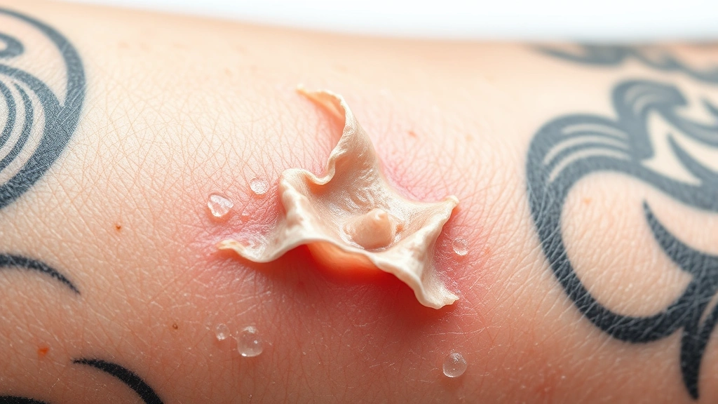 how long for a tattoo to heal -
Photorealistic close-up macro photography of tattoo during peeling phase showin