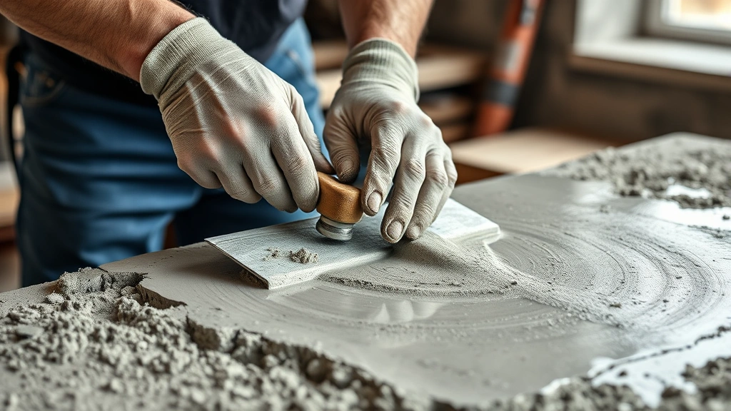 how long for concrete to cure -
Photorealistic hands using concrete finishing trowel on fresh wet concrete, wor