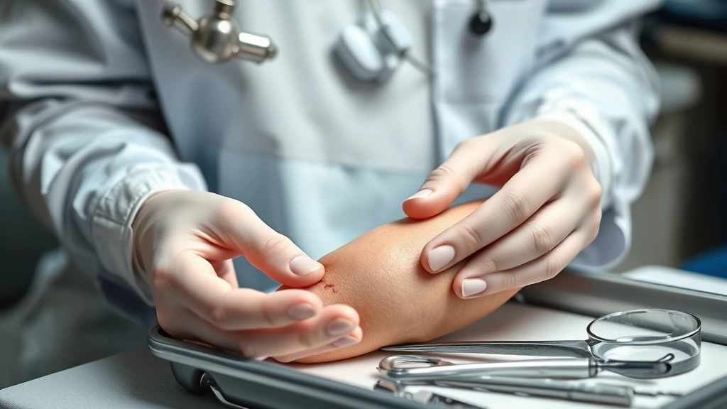 how long for dissolvable stitches to dissolve -
Photorealistic hands of healthcare professional examining healing wound with di