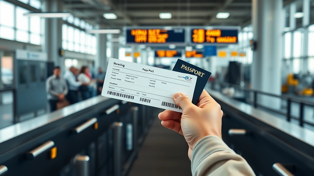 how long is the flight to hawaii -
photorealistic hands holding airline boarding pass and passport at airport gate