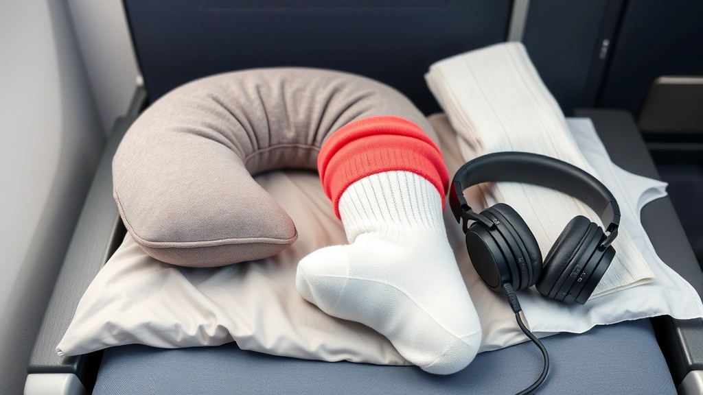 how long is the flight to hawaii -
photorealistic close-up of airplane seat comfort items including neck pillow, c