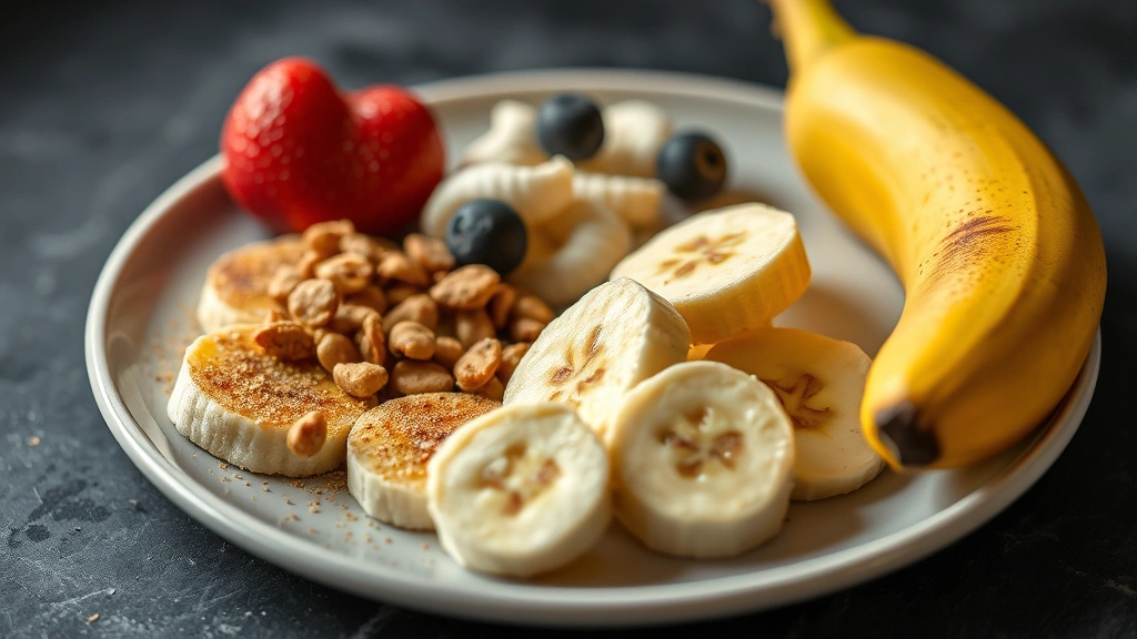 how long should i wait to workout after eating -
photorealistic macro photography of a balanced pre-workout snack plate with ban