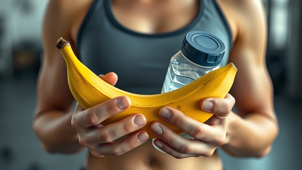 how long should i wait to workout after eating -
photorealistic close-up of hands holding a banana and water bottle before a wor