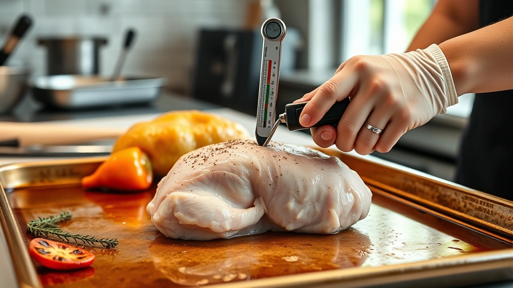 how long to bake chicken breast at 425 -
photorealistic hands inserting meat thermometer into center of chicken breast o
