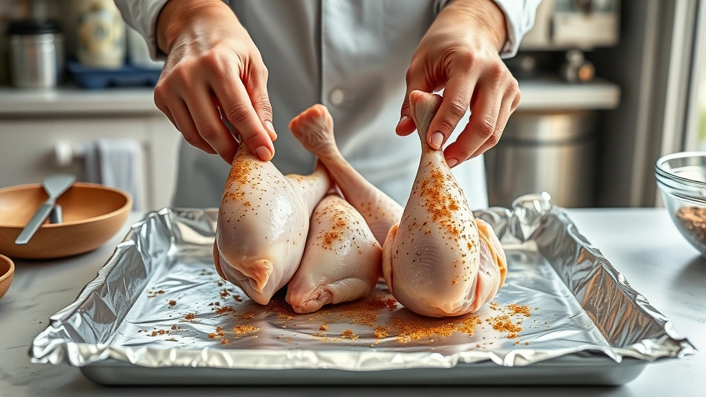 how long to bake chicken legs at 400 -
photorealistic hands placing seasoned raw chicken legs skin-side up on foil-lin