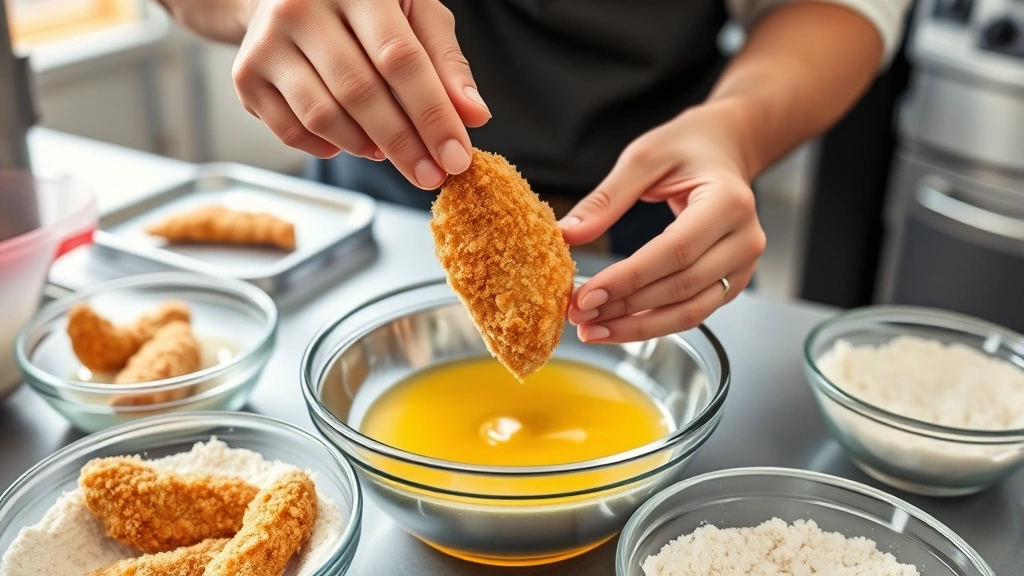 how long to bake chicken tenders -
Hands dipping breaded chicken tender into egg wash in stainless steel bowl, wor