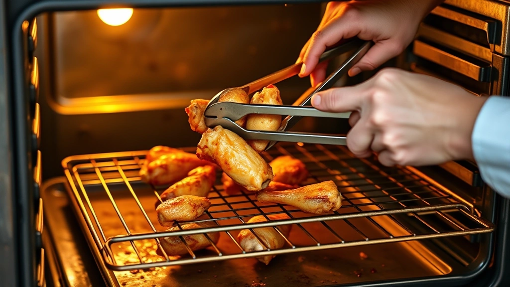 how long to bake chicken wings -
Photorealistic hands using tongs to flip chicken wings on a wire rack over a ba