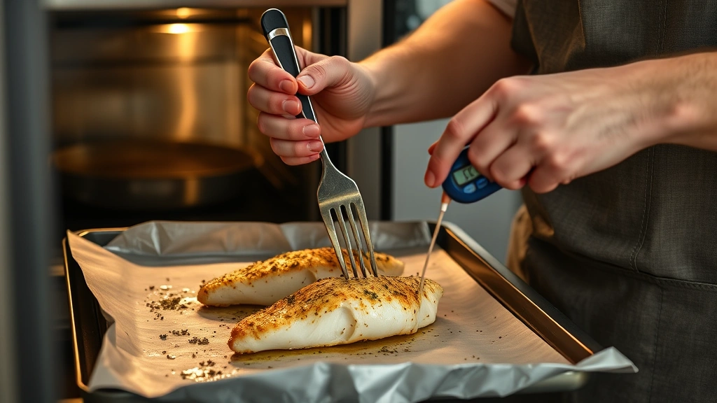 how long to bake cod -
photorealistic hands using fork to test flaked baked cod in oven at 400 degrees