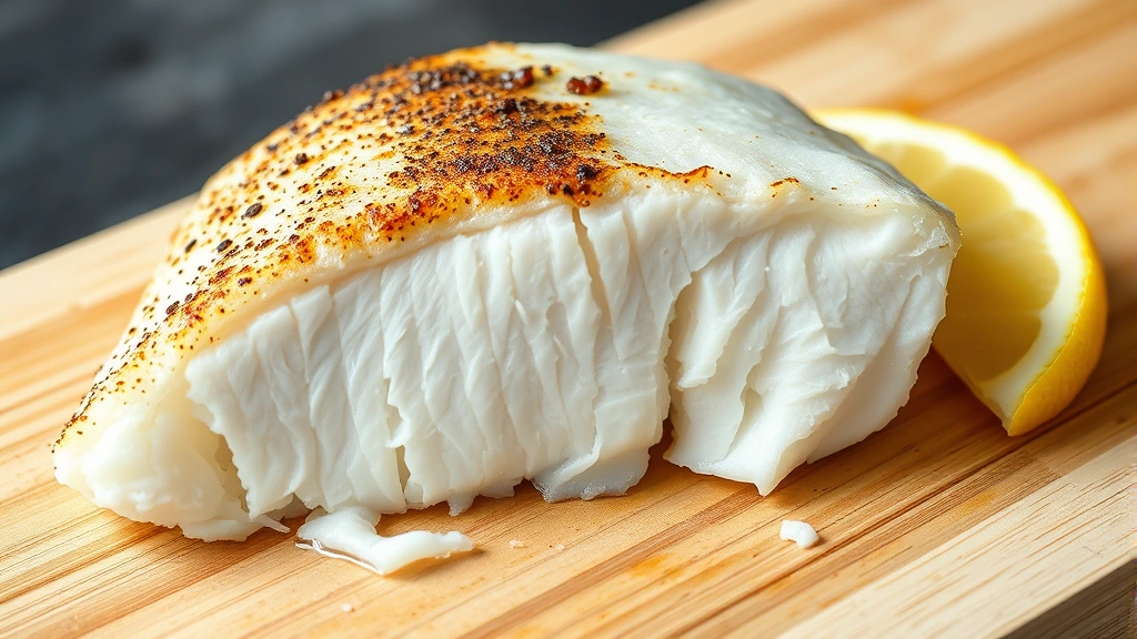 how long to bake cod -
photorealistic close-up macro of baked cod fillet cross-section showing opaque 