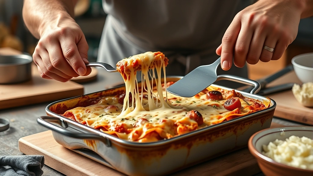 how long to bake lasagna -
photorealistic hands using a spatula to cut and serve lasagna from a baking dis