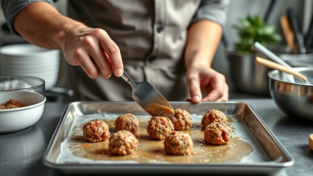 how long to bake meatballs at 400 -
photorealistic hands using spatula to roll meatballs on baking sheet halfway th