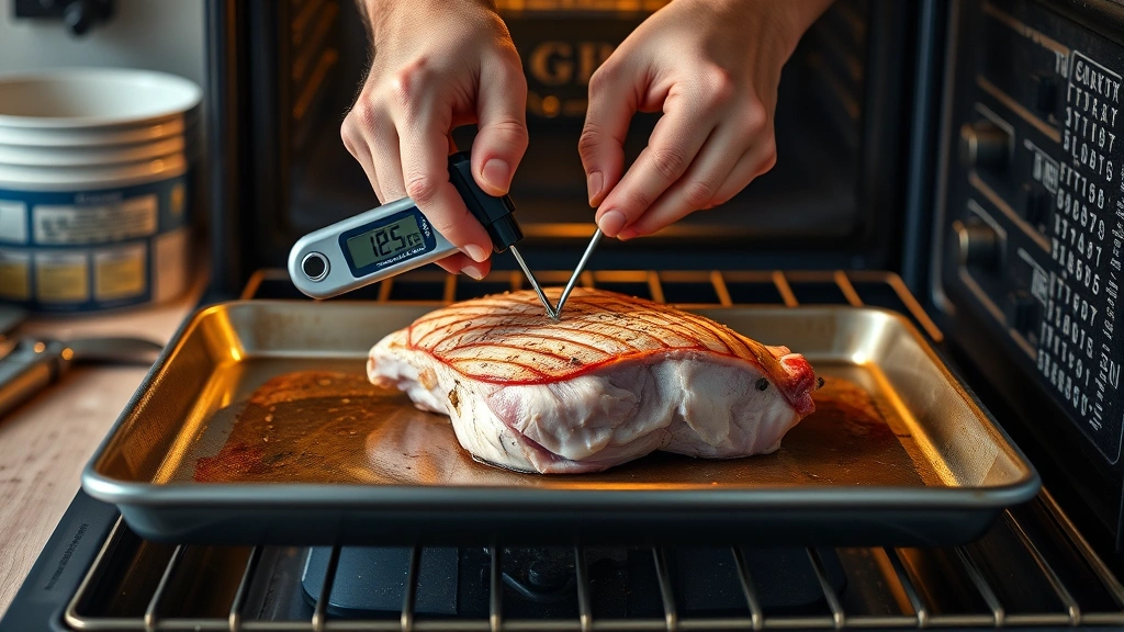 how long to bake pork chops at 350 -
Photorealistic hands inserting meat thermometer into thick pork chop on baking 