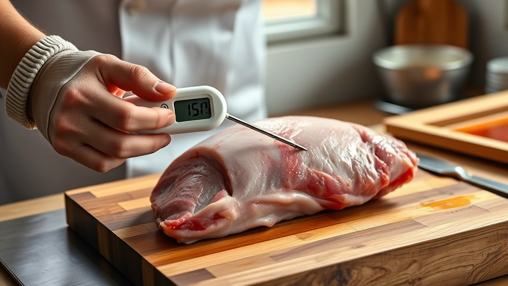 how long to bake pork tenderloin -
Photorealistic hands inserting an instant-read meat thermometer horizontally in