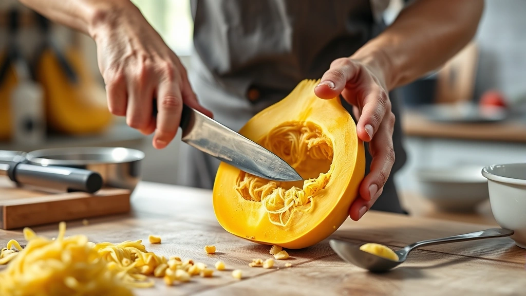 how long to bake spaghetti squash -
Photorealistic hands working in bright kitchen workshop setting, person cutting