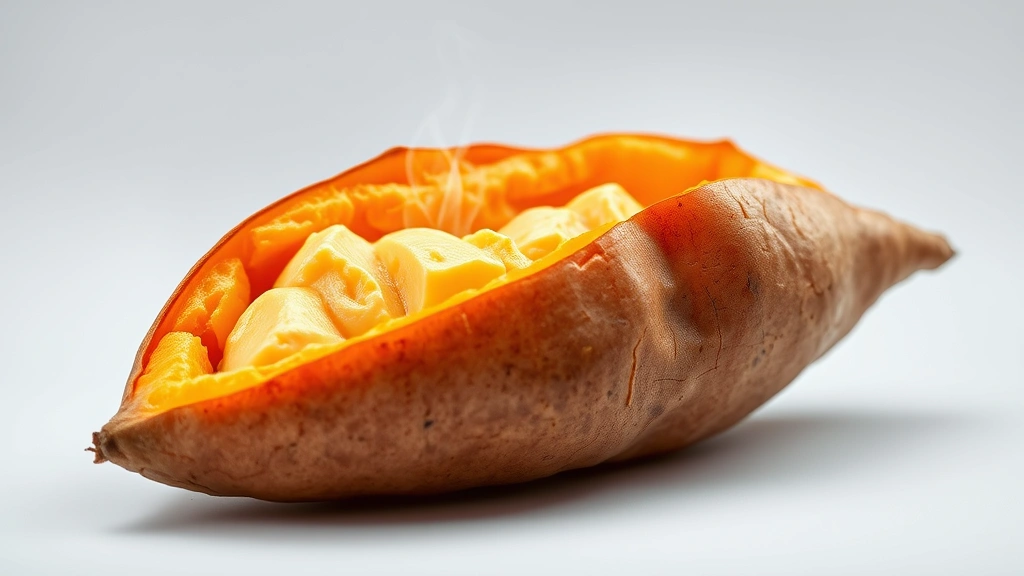 how long to bake sweet potatoes -
photorealistic close-up cross-section of baked sweet potato showing tender crea