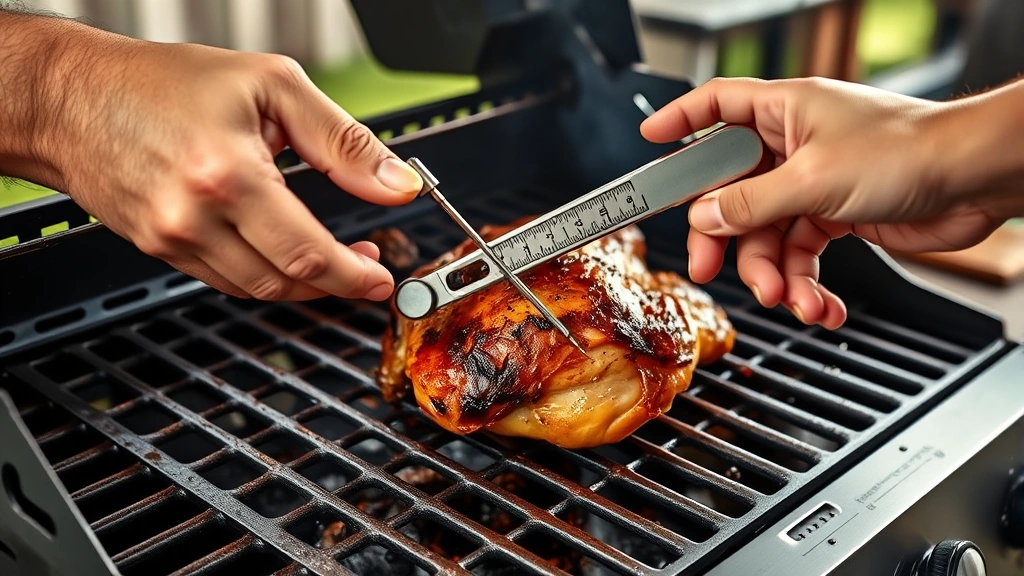 how long to bbq chicken thighs -
Photorealistic hands using stainless steel meat thermometer to check internal t