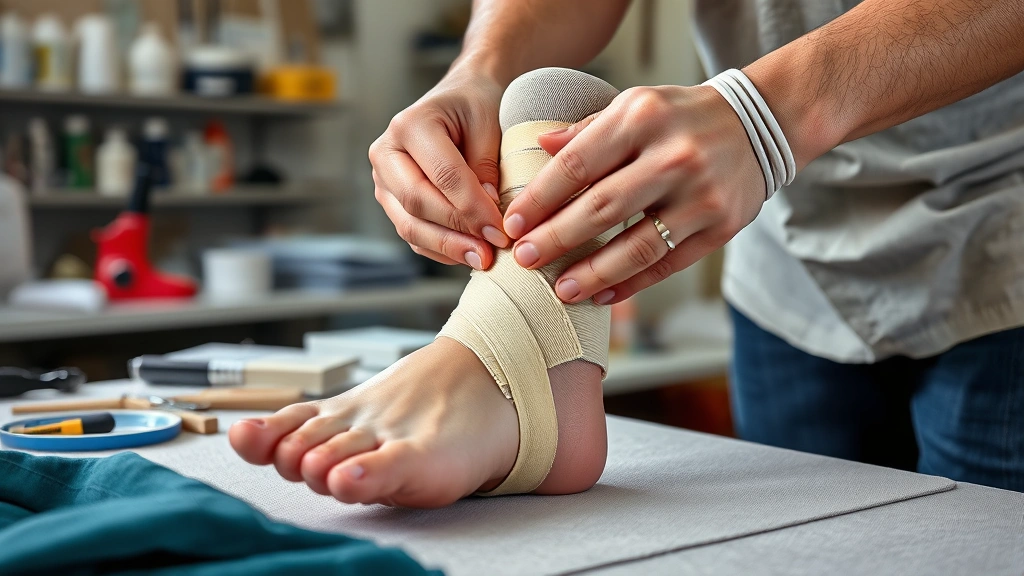 how long to bear -
photorealistic hands applying compression wrap to ankle/joint, workshop/medical