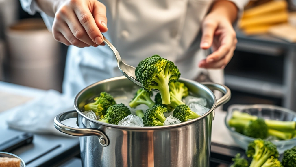 how long to blanch broccoli -
photorealistic hands working, chef using slotted spoon to transfer broccoli fro