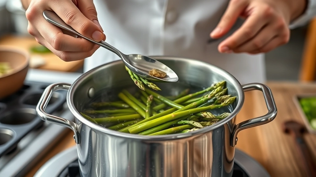 how long to boil asparagus -
Photorealistic hands using a slotted spoon to remove boiling asparagus from a s