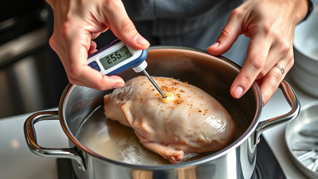 how long to boil chicken -
Photorealistic hands using an instant-read meat thermometer inserted into the t
