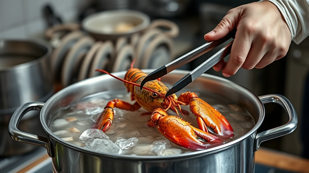 how long to boil lobster -
Photorealistic hands using kitchen tongs to carefully place a live lobster head
