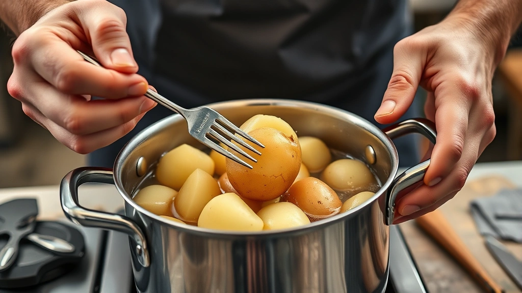 how long to boil potatoes -
photorealistic hands using a fork to test doneness of boiling potatoes in a sta