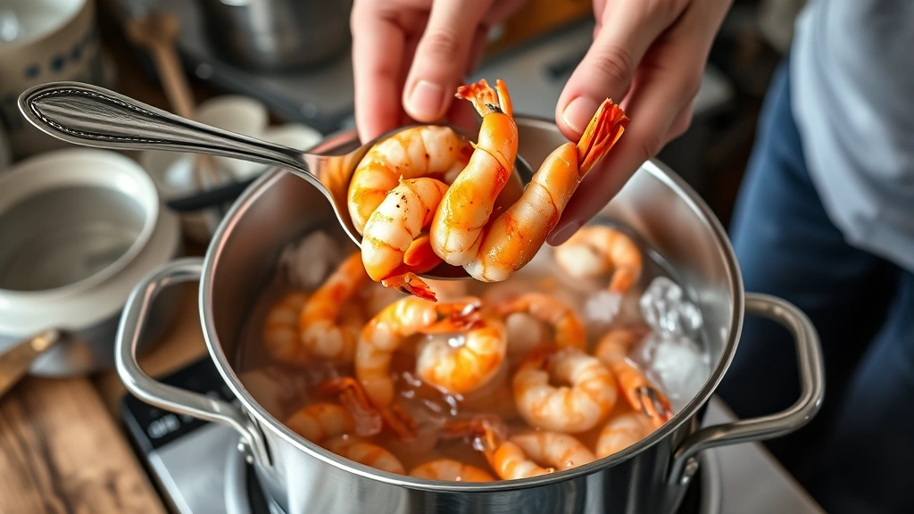 how long to boil shrimp -
Photorealistic hands using a slotted spoon to transfer boiling shrimp into an i