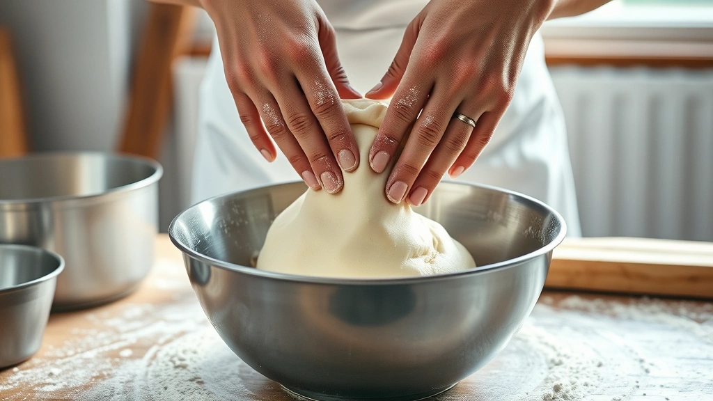 how long to bulk ferment sourdough -
Photorealistic hands performing stretch and fold technique on wet sourdough dou