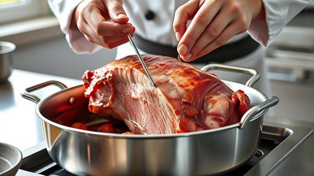 how long to cook a pork loin in the oven -
Photorealistic hands working showing chef inserting a meat thermometer into the